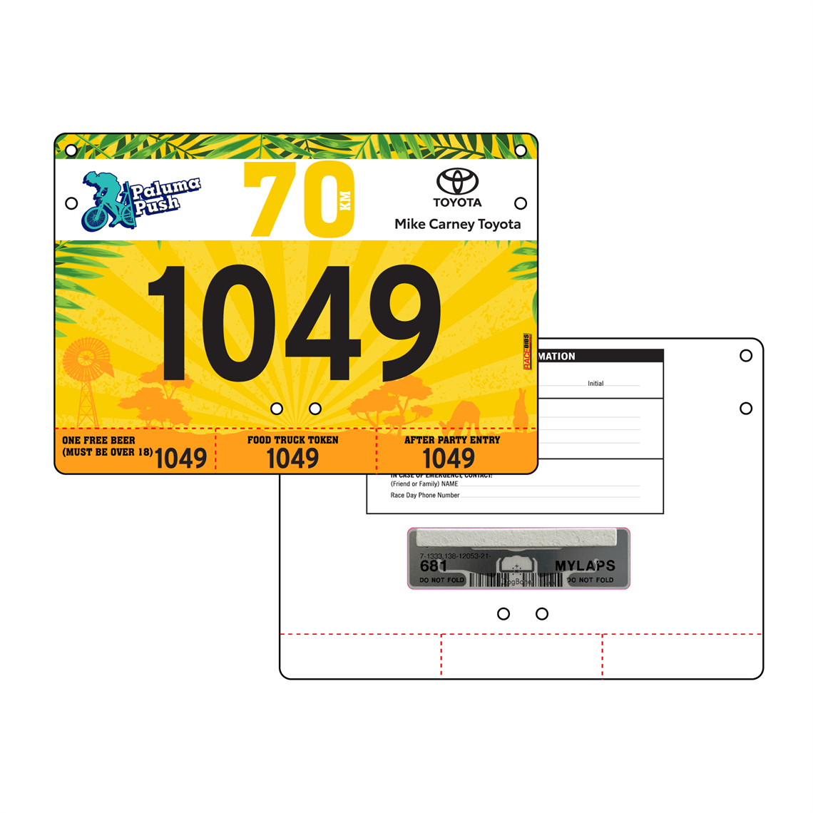 Show details for Full Colour Front, Black and White Reverse Economical Race Numbers with Tear off Tags