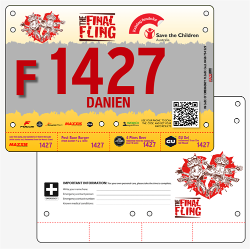 Show details for Full Colour Two Sided Economical Race Numbers with Tear off Tags
