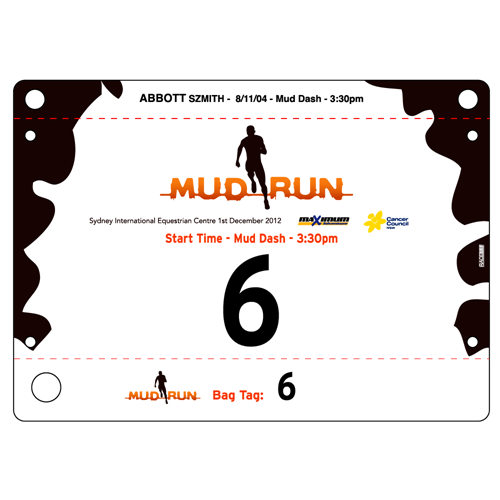 Show details for Full Colour Front, Black and White Reverse Race Bibs with Tear off Tags