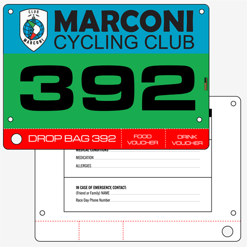 Show details for Full Colour Front, Black and White Reverse Race Bibs with Tear off Tags