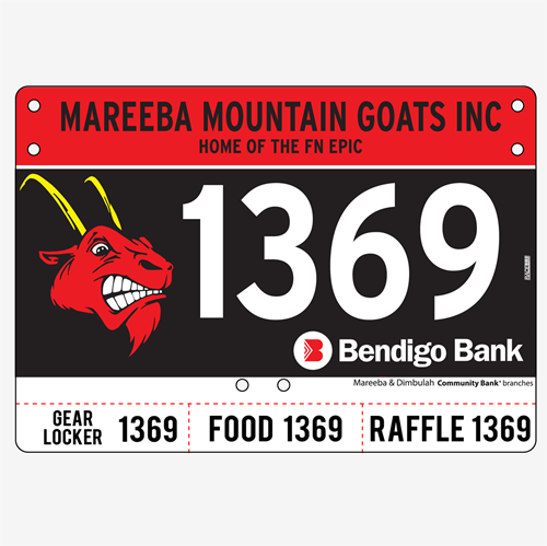 Show details for Full Colour Front, Black and White Reverse Economical Race Numbers with Tear off Tags