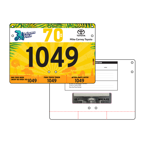 Picture of Full Colour Front, Black and White Reverse Economical Race Numbers with Tear off Tags