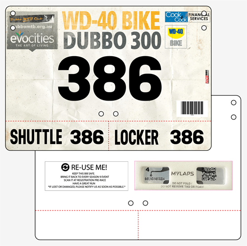 Show details for Full Colour Front, Black and White Reverse Economical Race Numbers with Tear off Tags